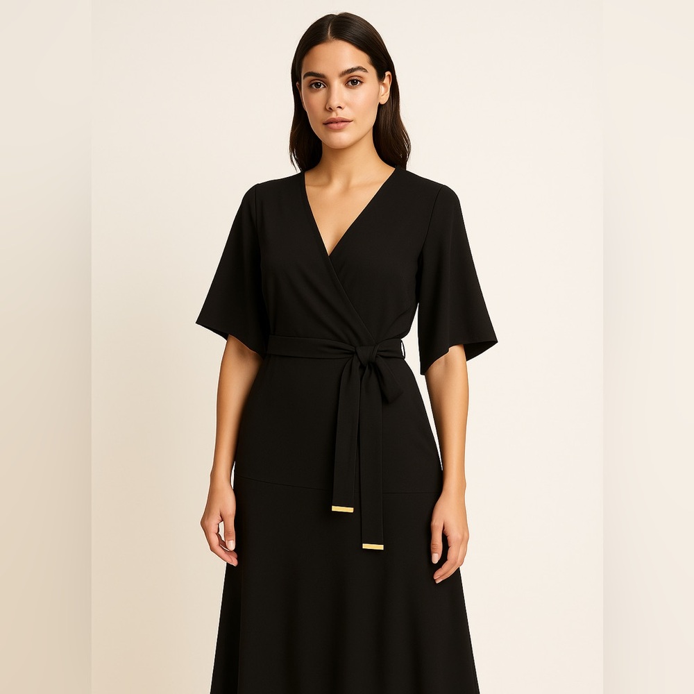 Donna Karan New York DKNY Black Flutter-Sleeve Belted Wrap Midi Dress- 6 | NWT